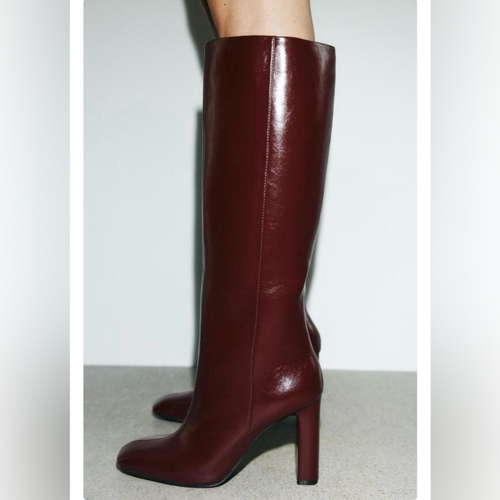 ZARA Burgundy Leather Knee High Rounded Toe Boots. New Size 10